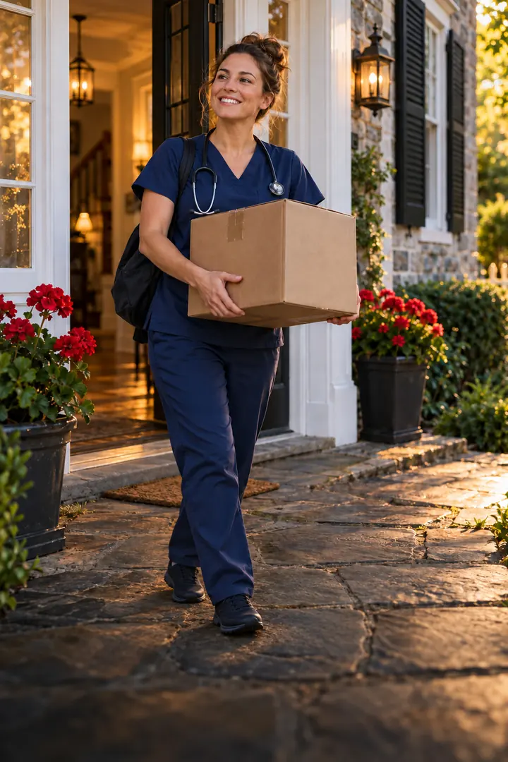 Nurse home buying program: a nurse in scrubs moving into her new home in Bucks County, Pennsylvania