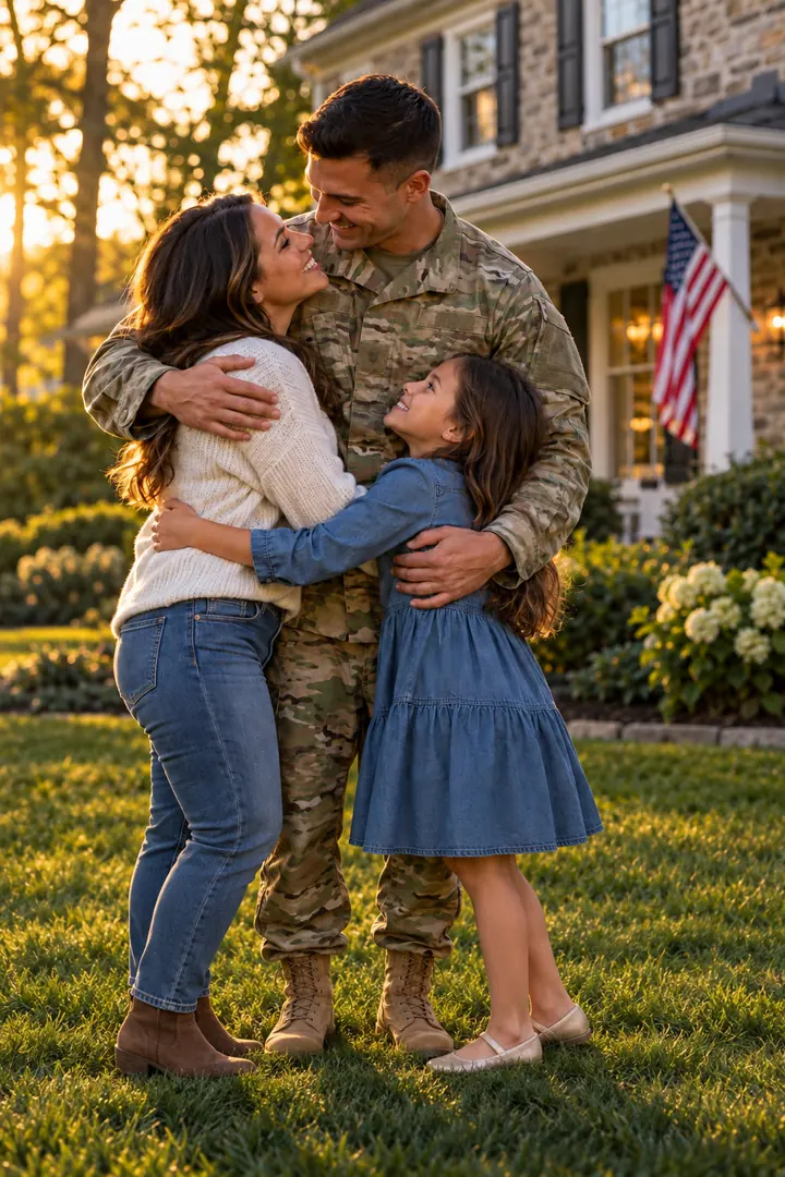 Military and veteran home buying program: a service member hugging his family outside their new home in Bucks County PA