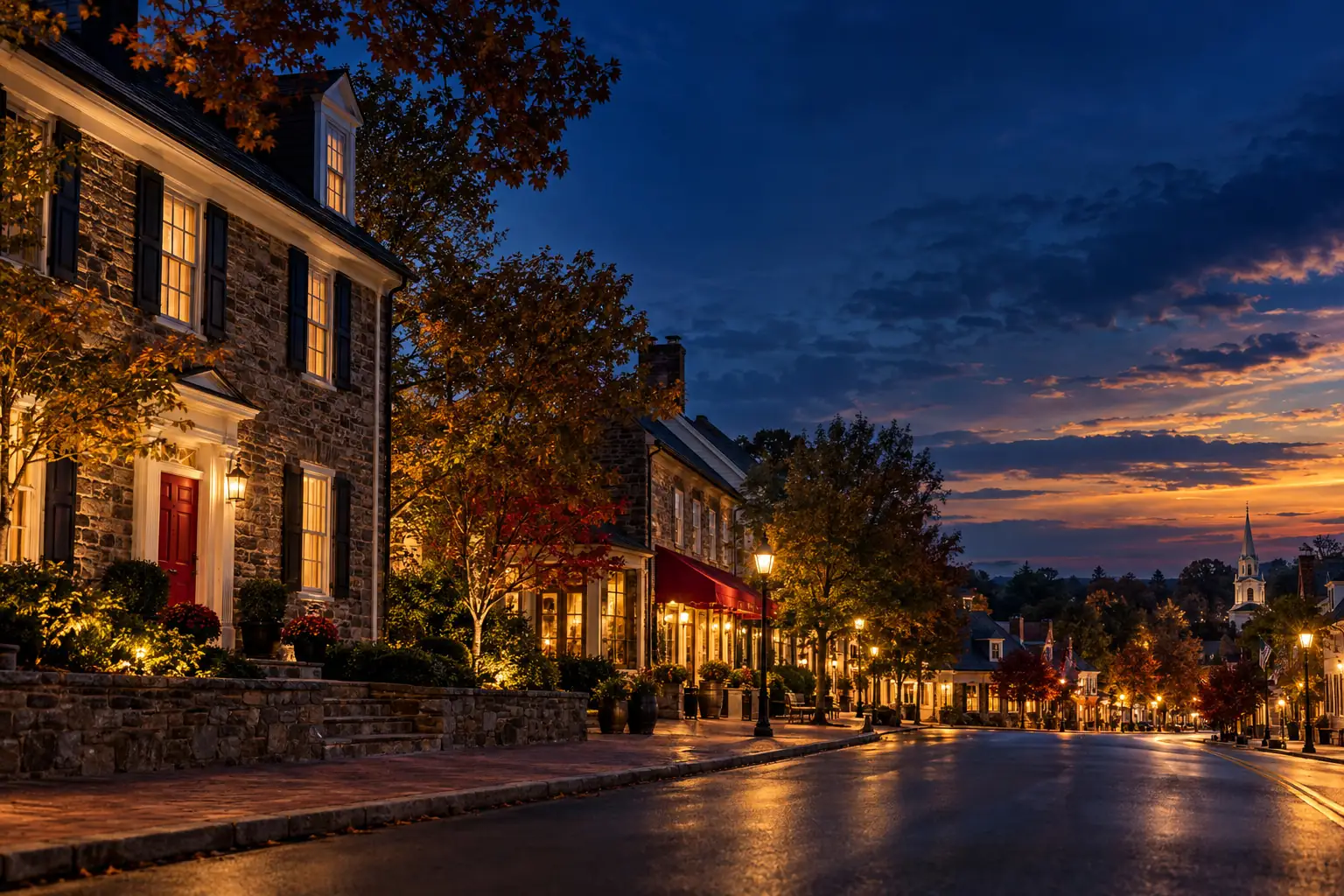 Historic Bucks County Pennsylvania main street at dusk, served by the Marcolla Realty Hero Advantage Program