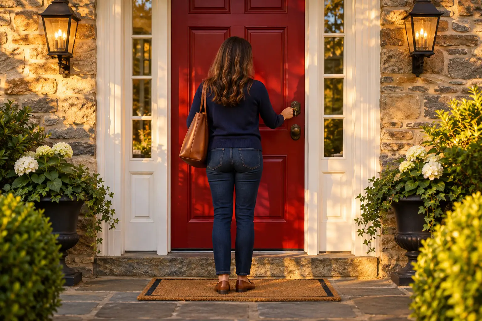 Hero homebuyer unlocking the red front door of her new stone home with Marcolla Realty