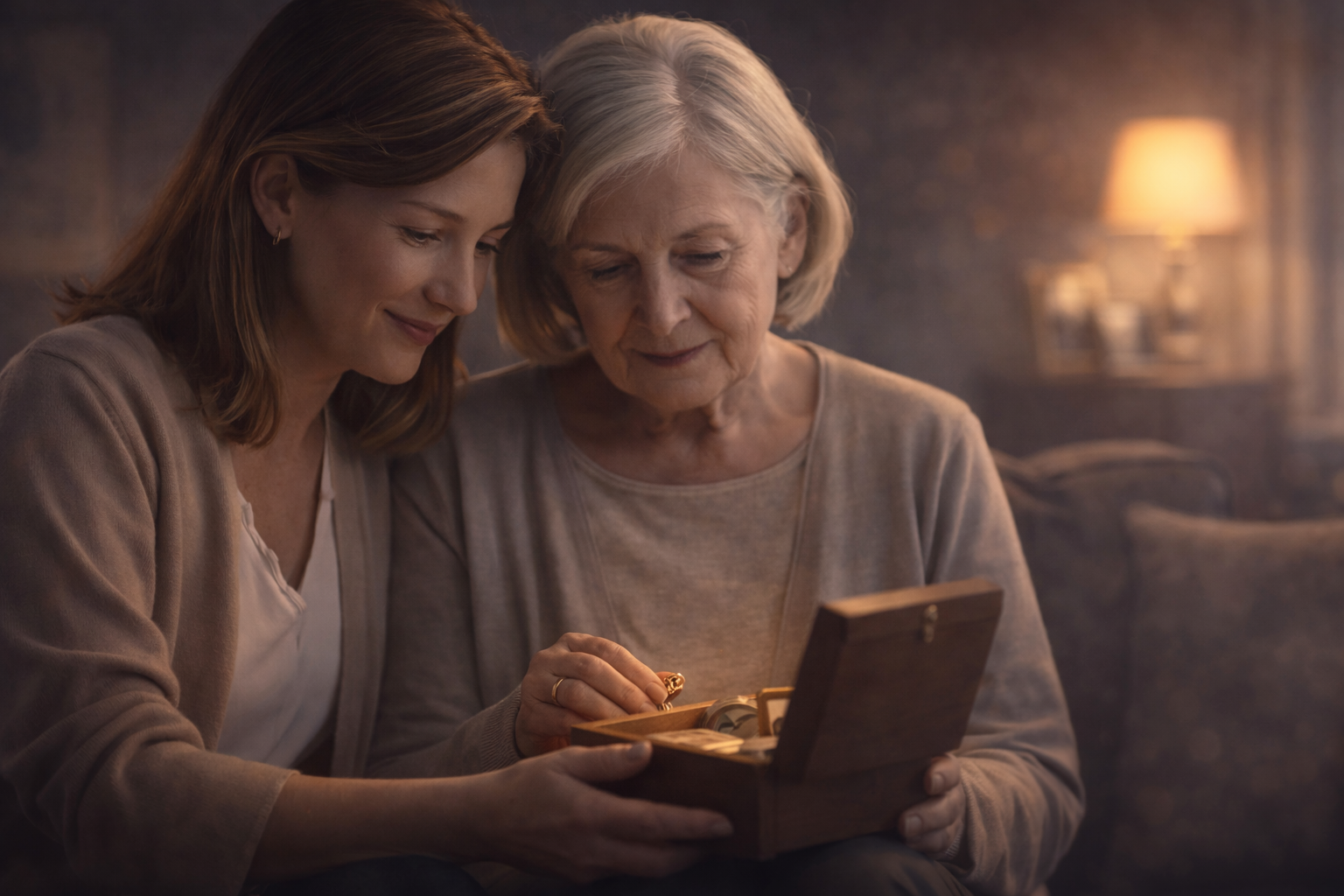 Family sorting meaningful belongings with care