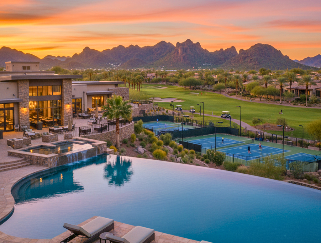 Luxury Arizona retirement community at sunset with infinity pool, golf course, pickleball courts, and mountain views — ideal for affordable early retirement living in the Greater Phoenix Metro.