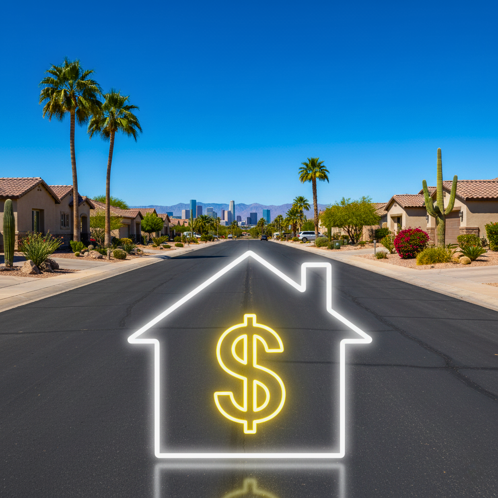 Phoenix, Arizona suburban street with palm trees and desert homes leading toward the downtown skyline under clear blue skies, featuring a glowing neon house and dollar sign graphic symbolizing the city’s buyer’s market, home values, and real estate investment opportunities in 2025.