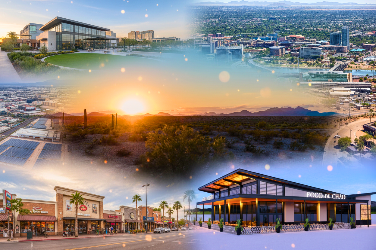 Collage showcasing 2025 Phoenix Metro developments including Goodyear’s GSQ dining and retail district with Fogo de Chão restaurant, Buckeye’s new 1,900-acre industrial hub, Tempe’s skyline and ASU innovation corridor, Mesa’s Legacy Park mixed-use community, and the desert sunset representing Arizona’s West Valley expansion — symbolizing growth, job creation, and modern living across the Greater Phoenix Metro area.