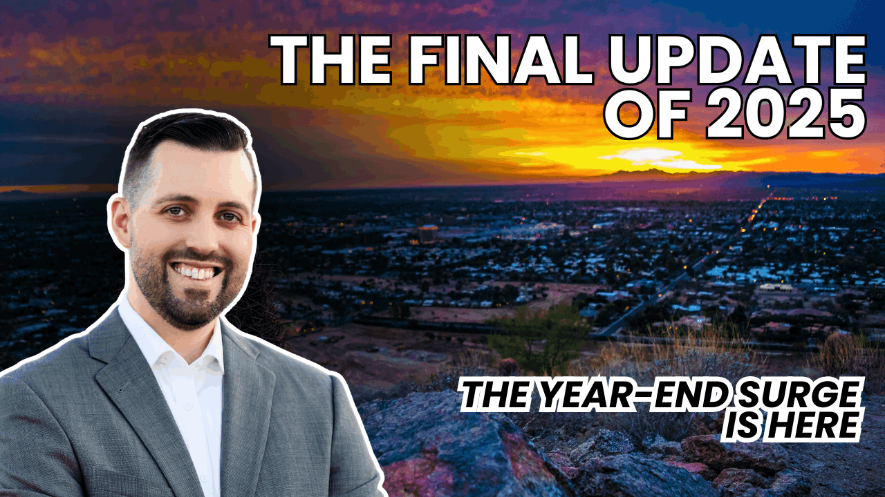 Eric Ravenscroft presenting the final 2025 Phoenix real estate market update with a Phoenix sunset skyline, highlighting the year-end surge in housing demand.