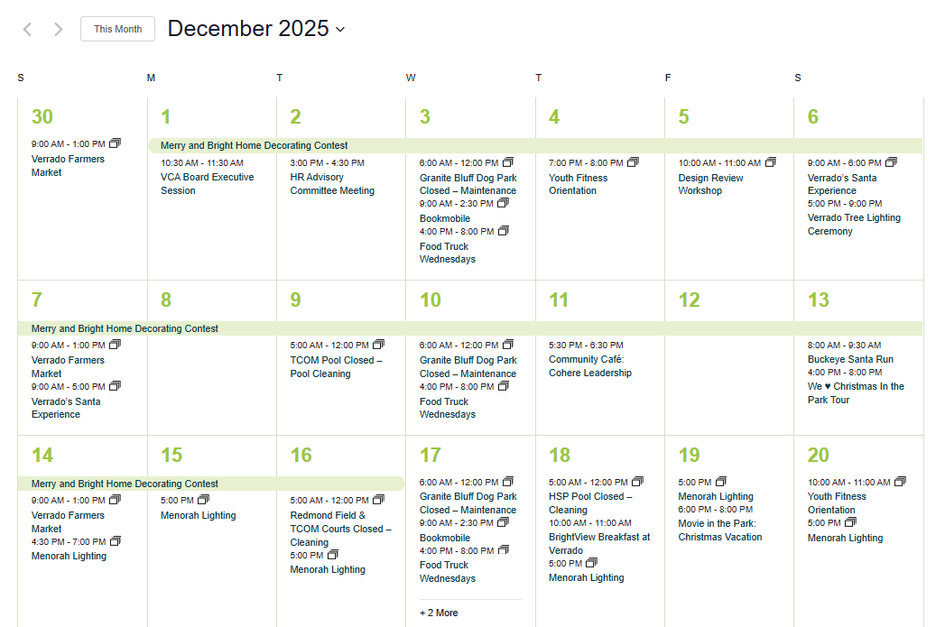 December 2025 Verrado events calendar featuring community activities in Buckeye, Arizona, including the Merry and Bright Home Decorating Contest, Verrado Farmers Market, VCA Board Executive Session, HR Advisory Committee Meeting, Granite Bluff Dog Park maintenance closures, Bookmobile days, Food Truck Wednesdays, Youth Fitness Orientation, Design Review Workshop, Verrado’s Santa Experience, Verrado Tree Lighting Ceremony, Buckeye Santa Run, We ♥ Christmas in the Park Tour, Redmond Field closures, HSP Pool cleaning, BrightView breakfast at Verrado, Menorah Lighting events throughout the month, and Movie in the Park: Christmas Vacation. The calendar showcases all holiday events, family activities, and community happenings across Verrado in December.
