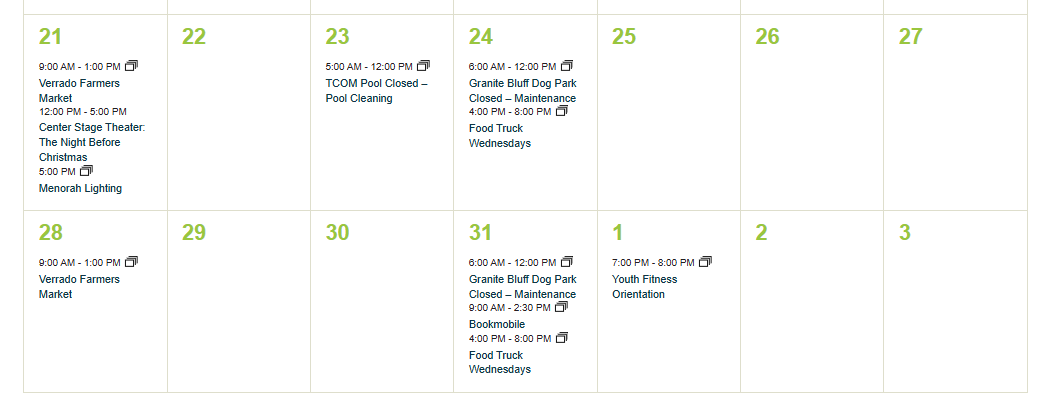Verrado community events calendar showing late November and early December activities in Buckeye, Arizona, including the Verrado Farmers Market, Center Stage Theater holiday performances, Menorah Lighting, TCOM Pool closures for cleaning, Granite Bluff Dog Park maintenance, Food Truck Wednesdays, Bookmobile visits, and Youth Fitness Orientation. December events highlight local family activities and community gatherings in Verrado.