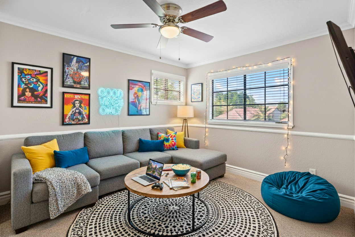 Teen room or bonus living space in a Mesa Arizona home featuring sectional seating, ceiling fan, and natural light—ideal as a flex room for families, guests, or short-term rental use.
