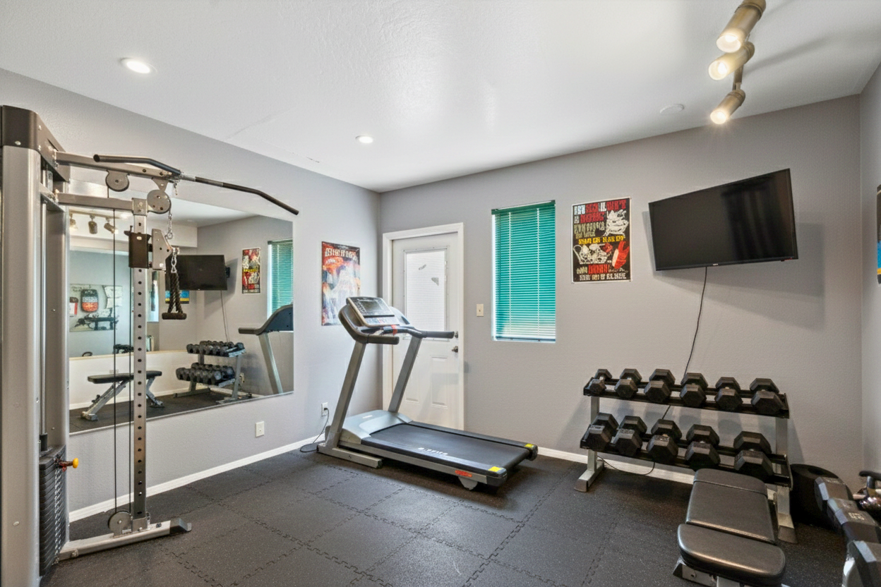 Conditioned bonus room in Mesa Arizona home used as a private gym, featuring treadmill, free weights, and exterior access—ideal for flexible living or short-term rental amenities.