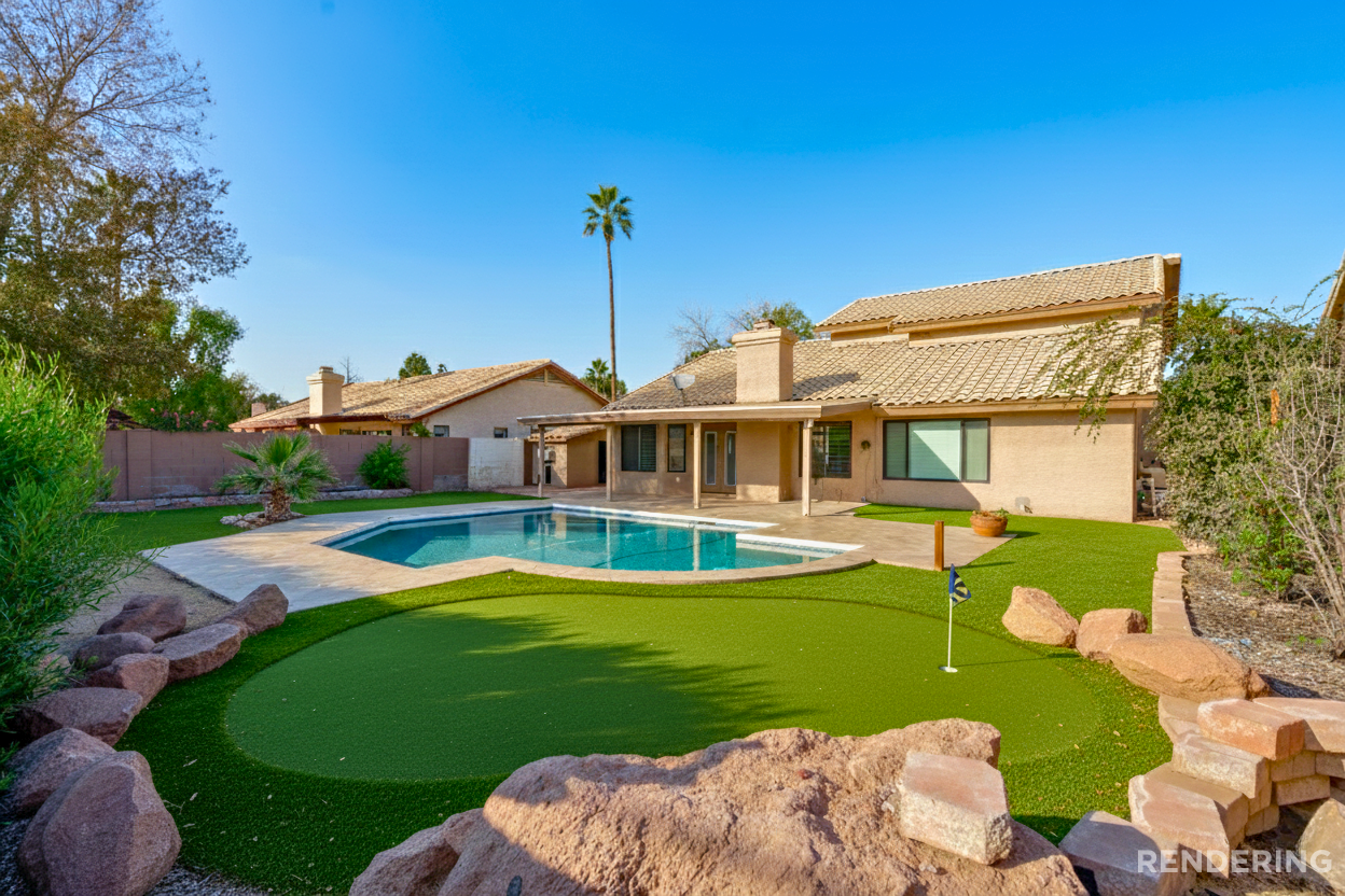 Backyard of a Mesa Arizona home featuring a pool, covered patio, and custom putting green rendering, showcasing outdoor living and short-term rental appeal in the 85205 area.