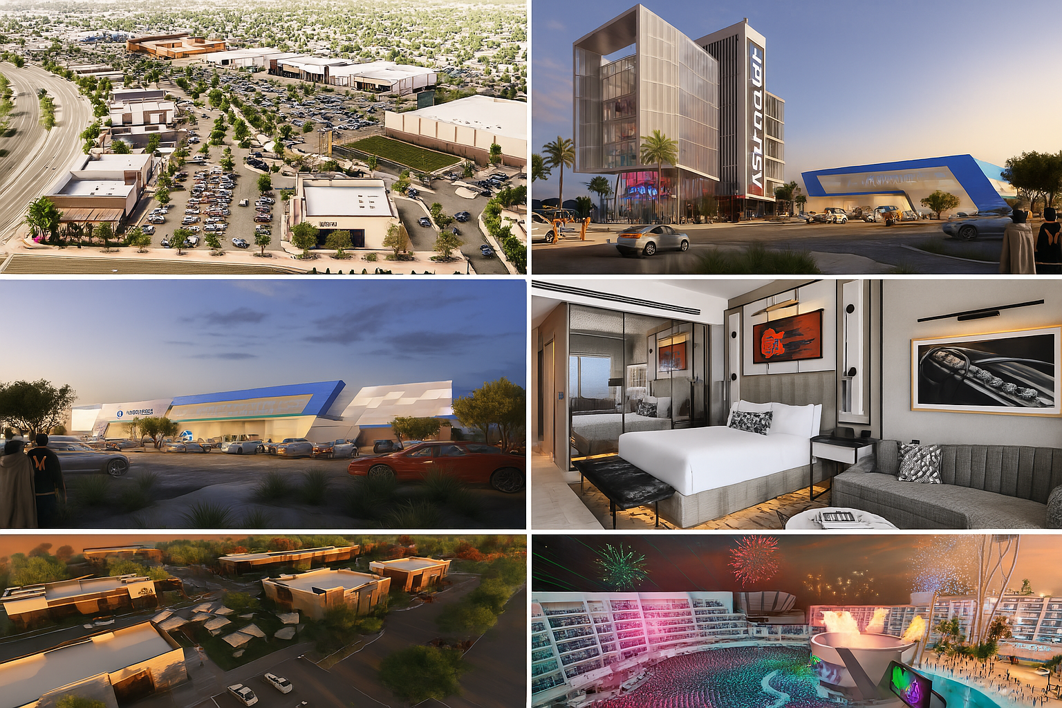 Collage showcasing major 2025 developments across the Phoenix Metro, including the Signature at SanTan Village retail center in Gilbert, Andretti Indoor Karting & Games in Glendale, ASU Health headquarters in downtown Phoenix, Surprise Foothills master-planned community, the luxury VAI Resort with integrated amphitheater, and Mesa’s Medina Station mixed-use project — highlighting Arizona’s booming real estate, retail, entertainment, and medical innovation sectors.