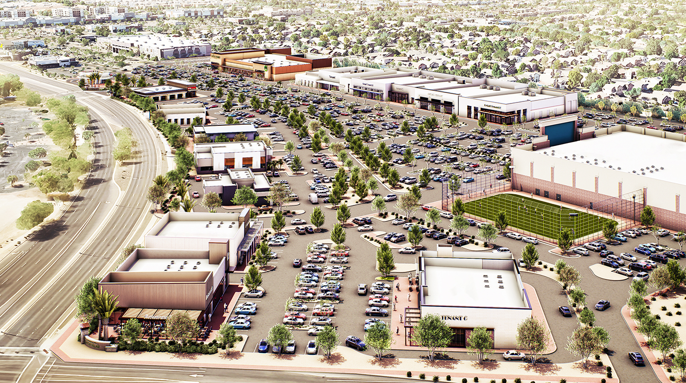 Aerial rendering of Signature at SanTan Village in Gilbert, Arizona, a $145 million upscale retail development featuring Whole Foods, DICK’S House of Sport, modern storefronts, and expansive parking surrounded by residential neighborhoods.