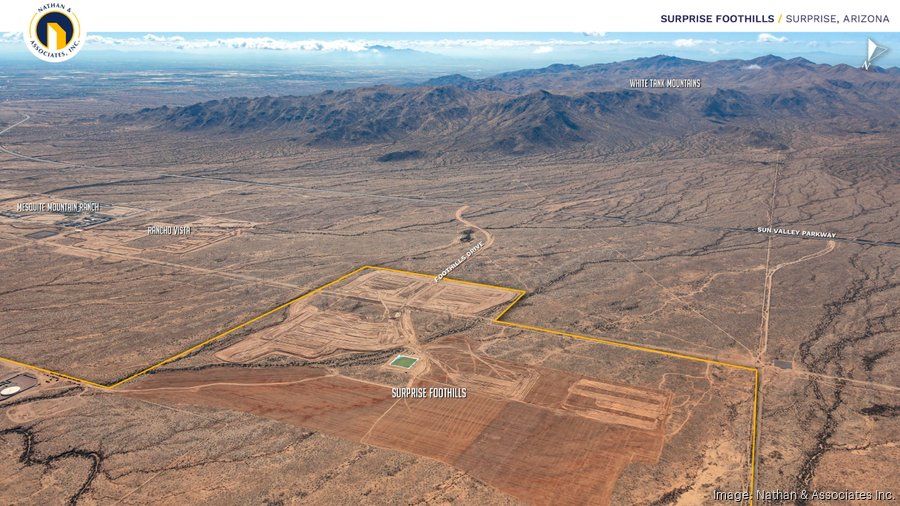 Aerial view of Surprise Foothills in Surprise, Arizona, showing the future development site acquired by TerraWest Communities, highlighting planned West Valley growth with proximity to Sun Valley Parkway and the White Tank Mountains.