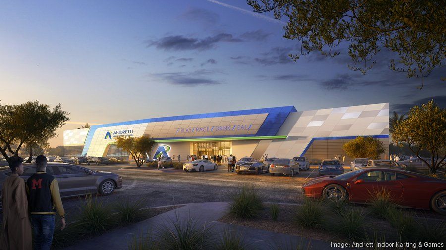Rendering of Andretti Indoor Karting & Games in Glendale, Arizona, showcasing the sleek modern exterior of the 98,000-square-foot entertainment center with a large parking area, set to feature high-speed go-karts, arcade games, VR, and more.
