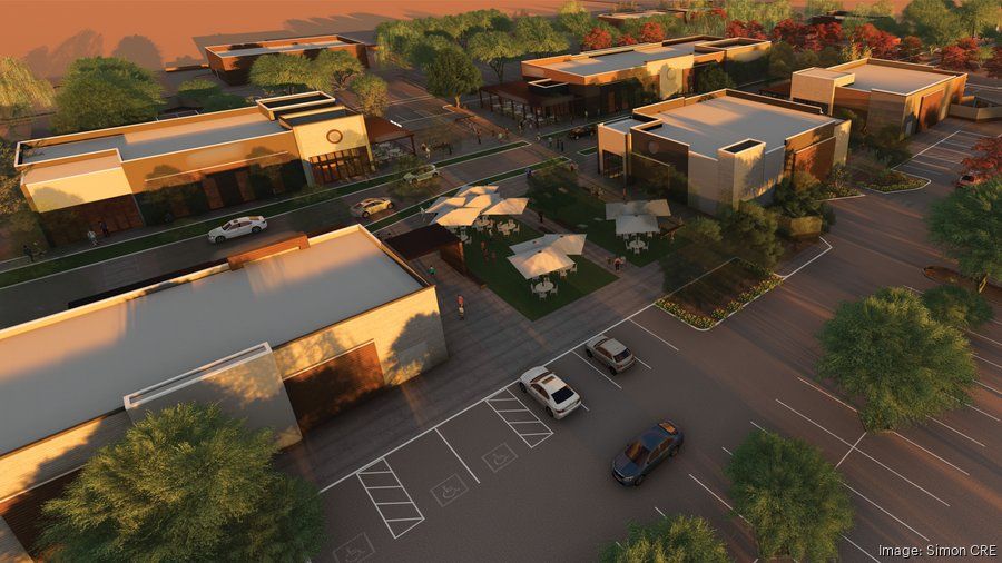 Rendering of Medina Station in East Mesa, Arizona, a 64.5-acre mixed-use development featuring modern retail buildings, outdoor dining areas, landscaped walkways, and ample parking—anchored by Target and DICK’S Sporting Goods.