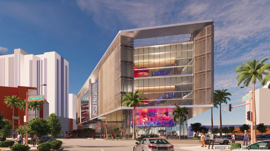 Architectural rendering of the ASU Health headquarters in downtown Phoenix, Arizona—home to ASU’s new medical school and health innovation hub, featuring a modern glass facade, vibrant digital displays, and a cutting-edge urban design.