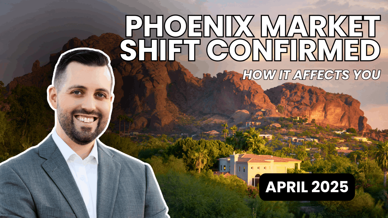 Phoenix Market Shift Confirmed &ndash; April 2025 Arizona Real Estate Update with Eric Ravenscroft in Front of Camelback Mountain and Luxury Homes at Sunset