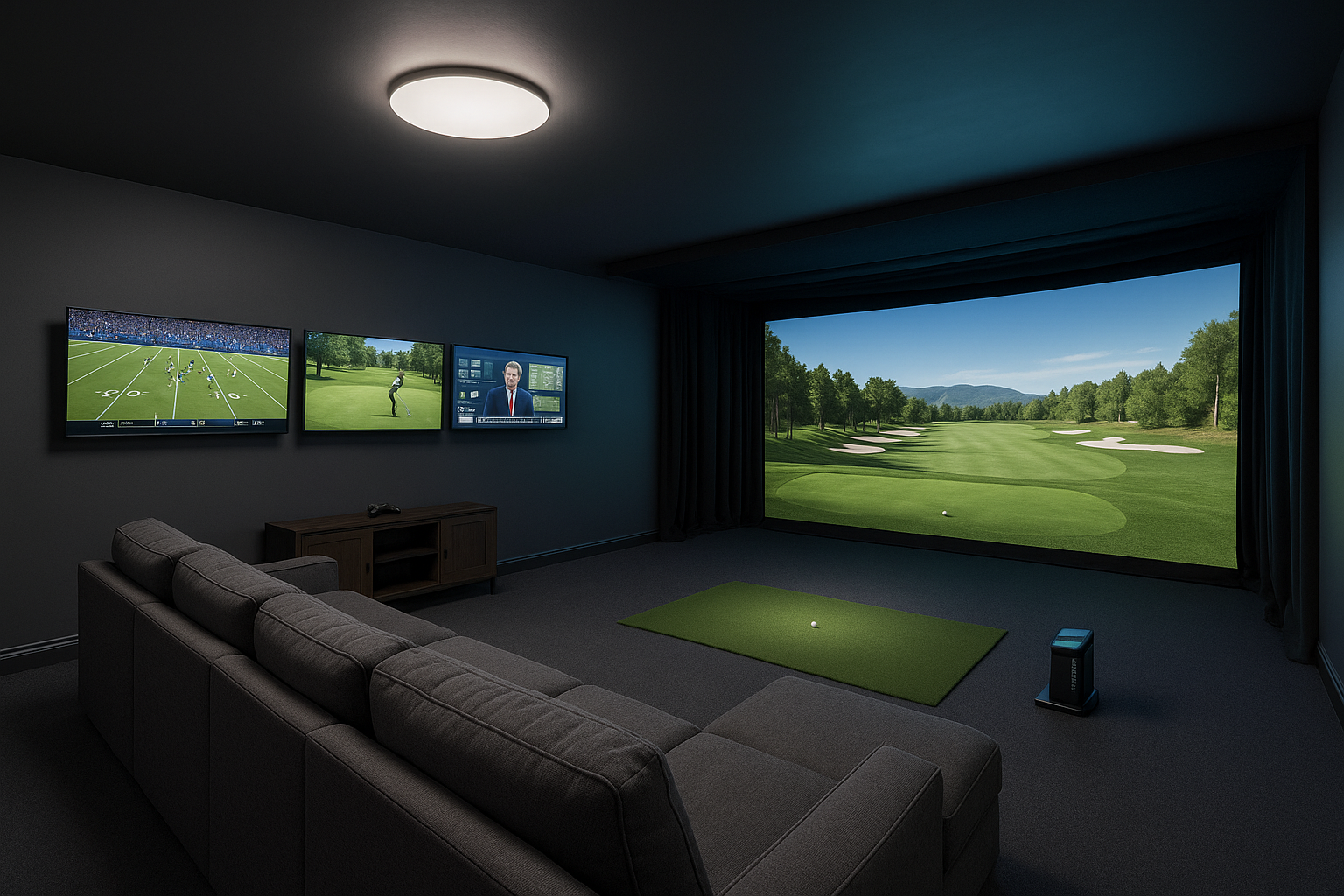 Luxury indoor golf simulator room with widescreen virtual golf course, three wall-mounted TVs streaming sports and news, plush sectional seating, and immersive theater lighting—perfect for entertainment, training, and high-end vacation rental amenities in Scottsdale.