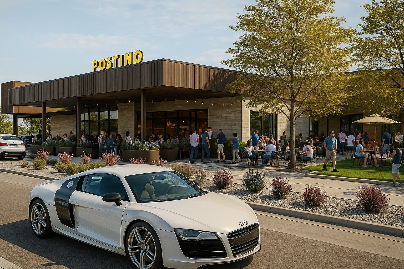 Realistic rendering of Postino restaurant at The Switchyard in Queen Creek, Arizona, with people dining on a lively patio, modern architecture, desert landscaping, and a white Audi R8 parked in front under a sunny sky.
