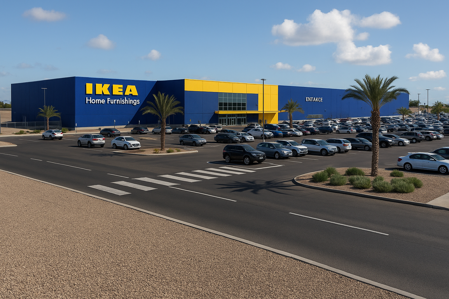 IKEA store in Phoenix, Arizona with a full parking lot, palm trees, and clear blue sky, showcasing the brand’s signature blue and yellow building facade during daytime.