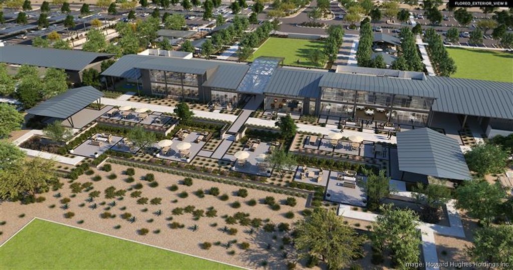 Aerial rendering of the Floreo community center at Teravalis in Buckeye, Arizona, featuring modern architecture, shaded outdoor seating areas, landscaped green spaces, and desert vegetation.