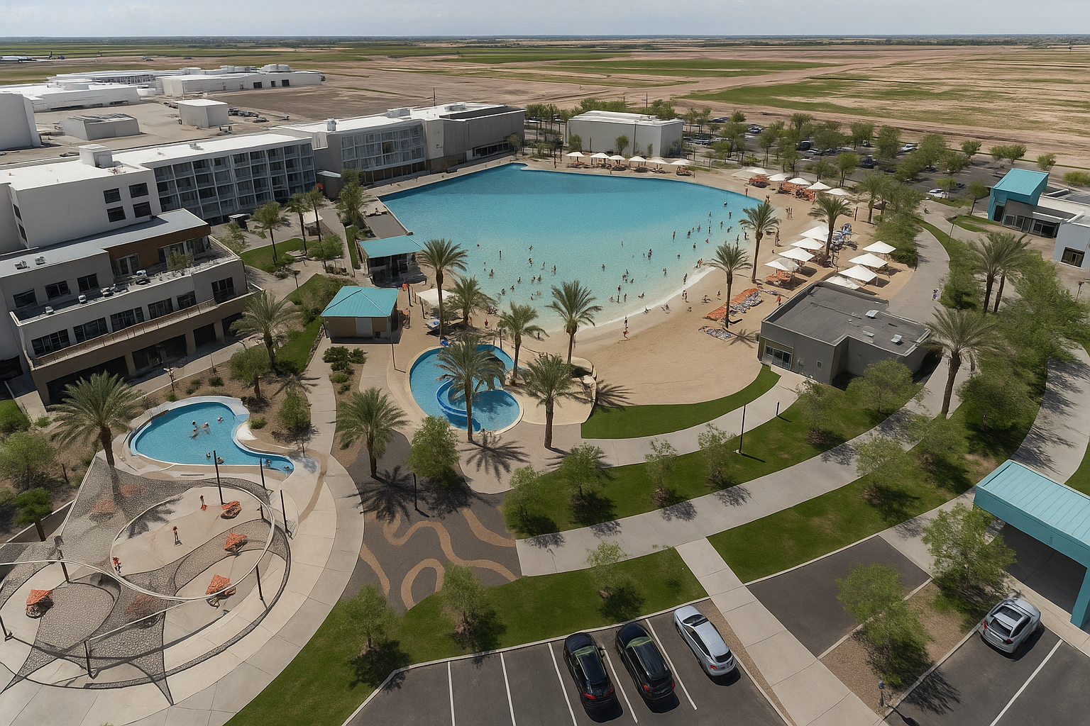 Aerial view of Cannon Beach in Mesa, Arizona, featuring a large surf lagoon, palm trees, splash pad, resort-style pools, and surrounding modern buildings under sunny skies.