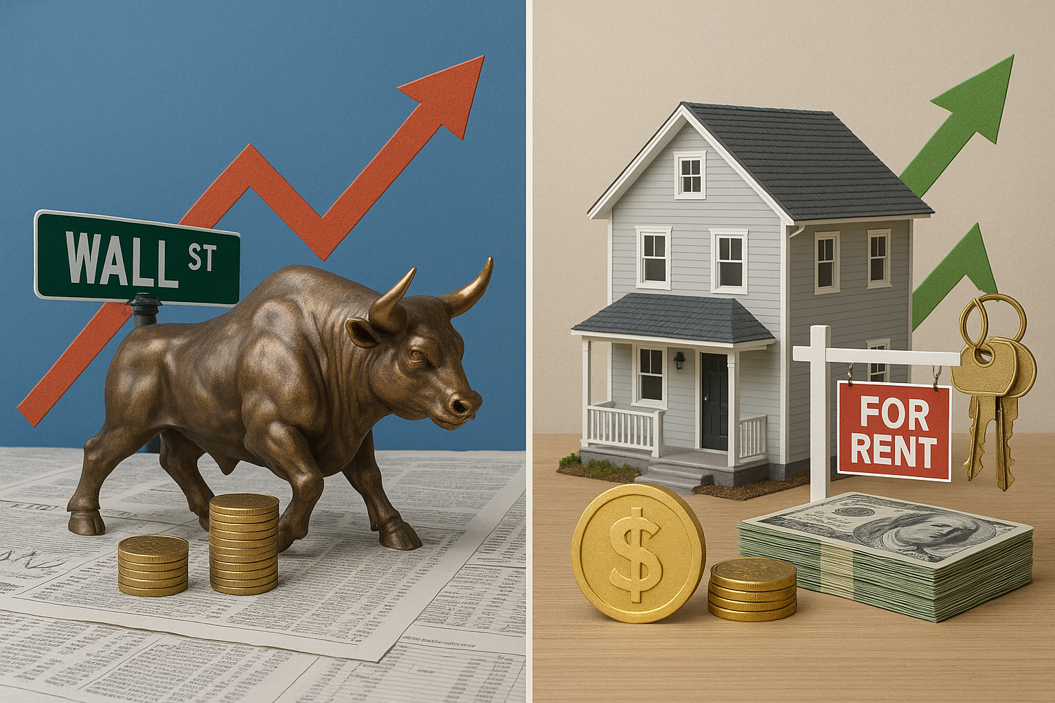 Realistic comparison of stock market vs. real estate investing featuring a Wall Street bull, coins, and financial charts on one side, and a rental property with house keys, cash stack, and 'For Rent' sign on the other—highlighting wealth-building strategies.