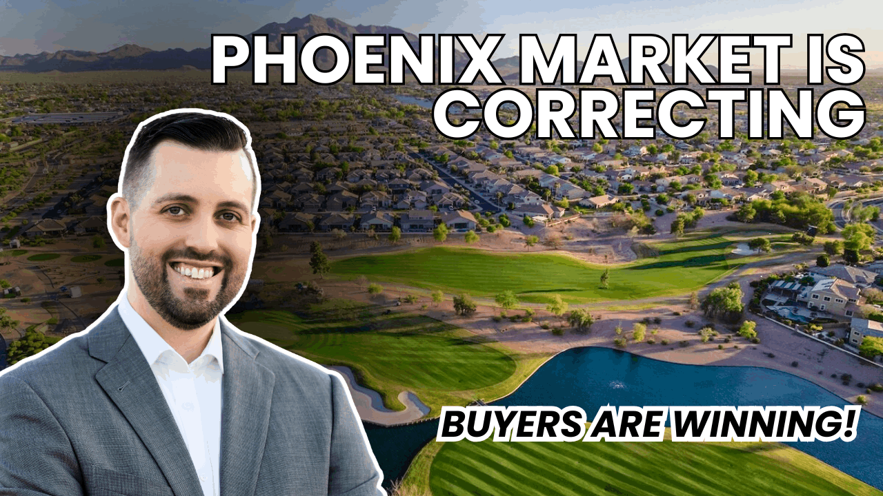 June 2025 Phoenix housing market update thumbnail featuring real estate expert with backdrop of Gilbert, Arizona neighborhood and golf course—bold overlay text reads 'Phoenix Market Is Correcting – Buyers Are Winning,' highlighting falling home prices, strong buyer leverage, and real estate trends across the Greater Phoenix area.