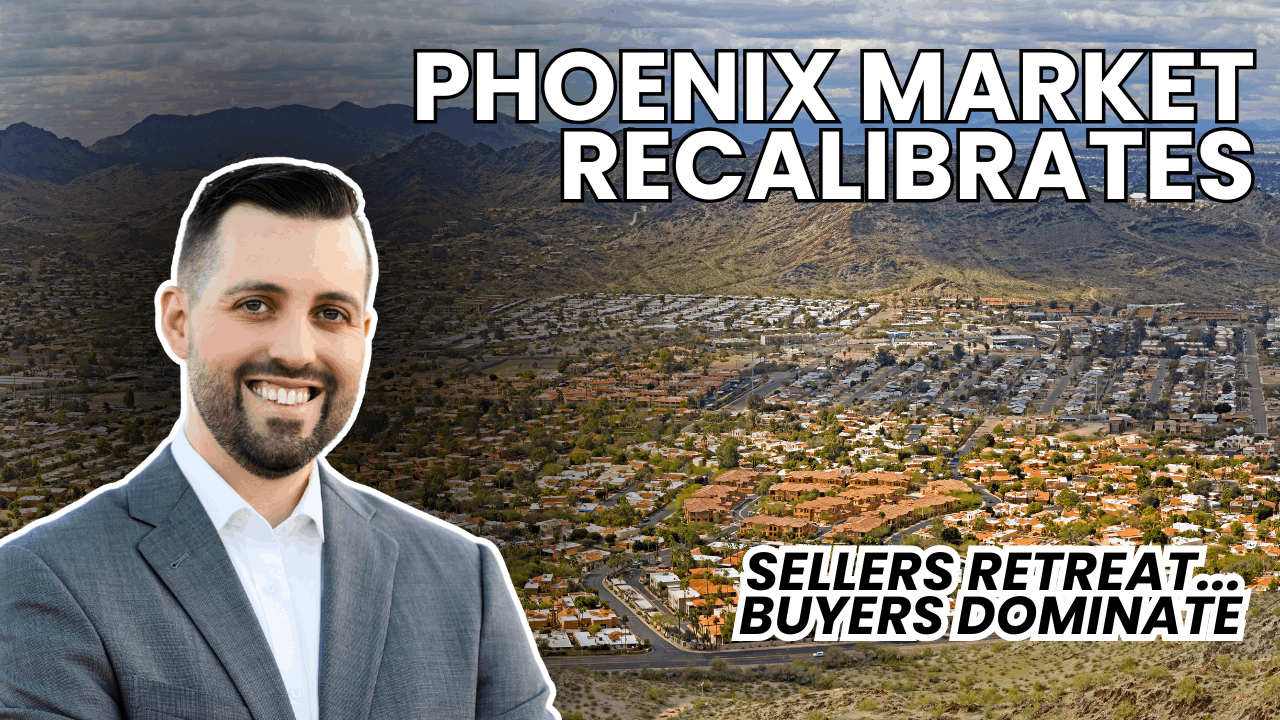 Phoenix real estate market July 2025 update header image featuring real estate expert Eric Ravenscroft in a gray suit with a smiling expression, overlaying a mountain and suburban aerial view in Phoenix, Arizona. Bold text reads "Phoenix Market Recalibrates &ndash; Sellers Retreat, Buyers Dominate.
