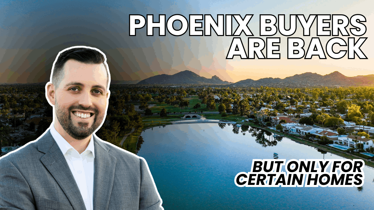 Phoenix real estate market update September 2025 &ndash; smiling realtor in front of a Phoenix community with lake and mountains at sunset, headline text reads &ldquo;Phoenix Buyers Are Back&hellip; But Only for Certain Homes&rdquo; highlighting lower mortgage rates, buyer demand, and turnkey homes in Arizona.