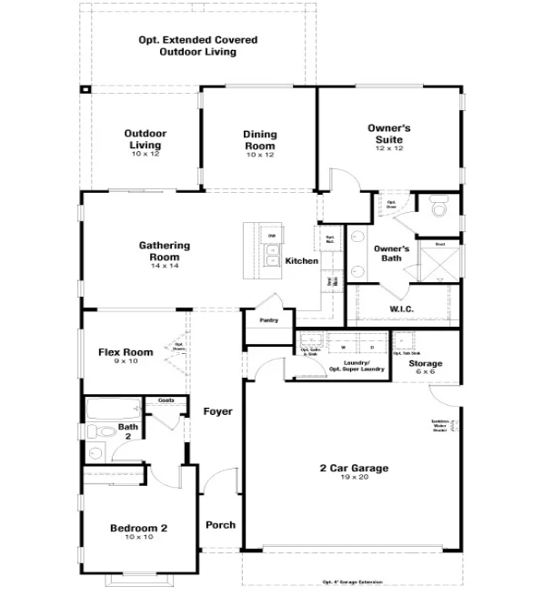Dolce floorplan layout at CantaMia in Estrella, Goodyear, AZ — 1,220 sq. ft. 2-bedroom, 2-bath, single-level 55+ active adult home by Taylor Morrison.
