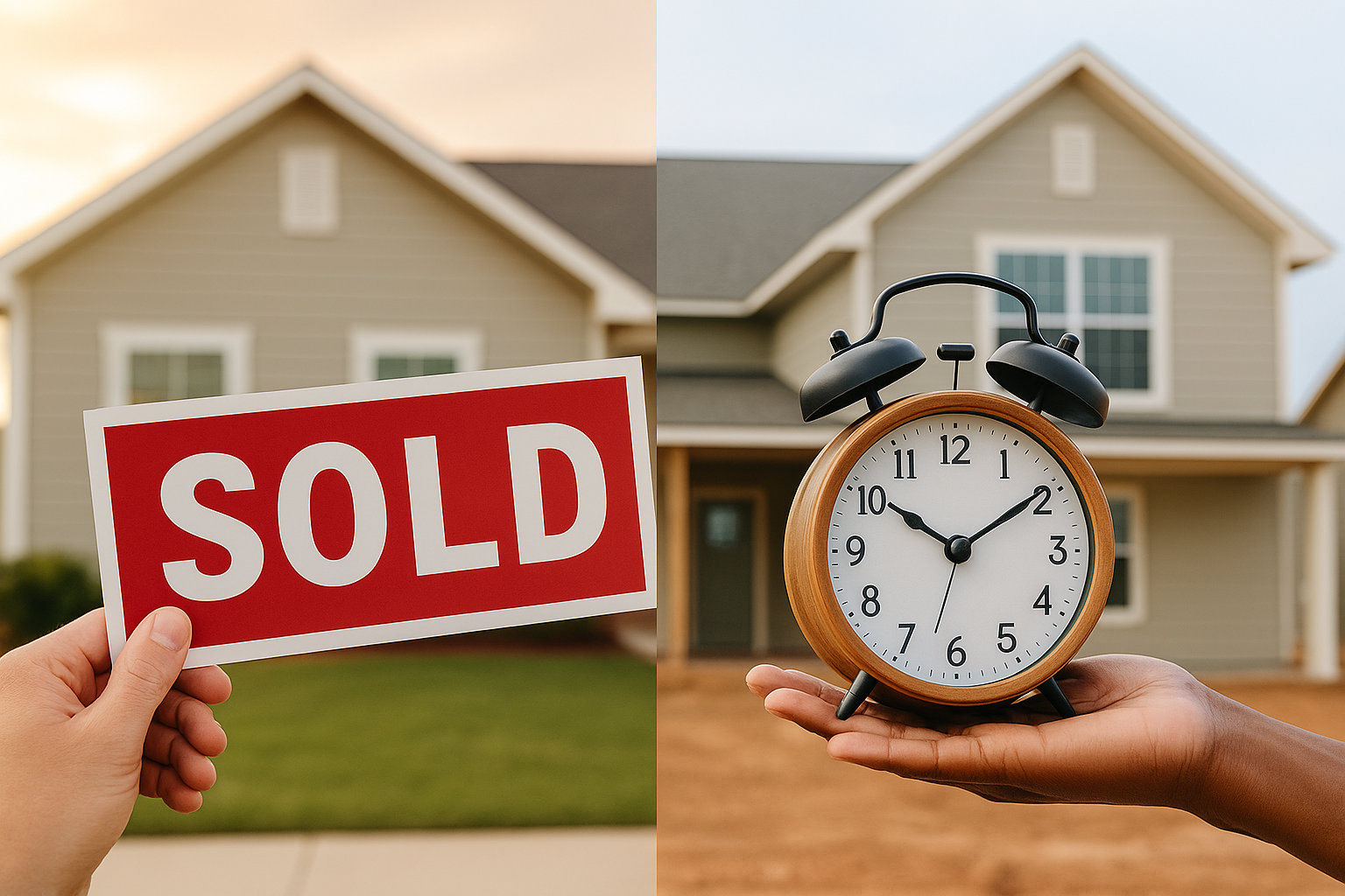 Split image illustrating the decision homeowners face: on the left, a “SOLD” sign in front of a home representing selling now to avoid rising carrying costs, and on the right, a clock in front of a home symbolizing waiting to sell, weighing timing, pricing, or even renting instead. Reflects the strategic choice sellers must make in the shifting Greater Phoenix real estate market.