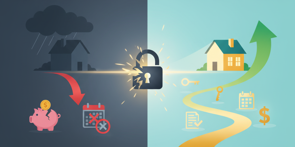 Visual comparison of foreclosure risk vs mortgage relief options in Arizona, showing a dark stormy home with broken piggy bank and missed payments on one side, and a bright path to financial stability with rental income, loan modifications, and home equity protection on the other.