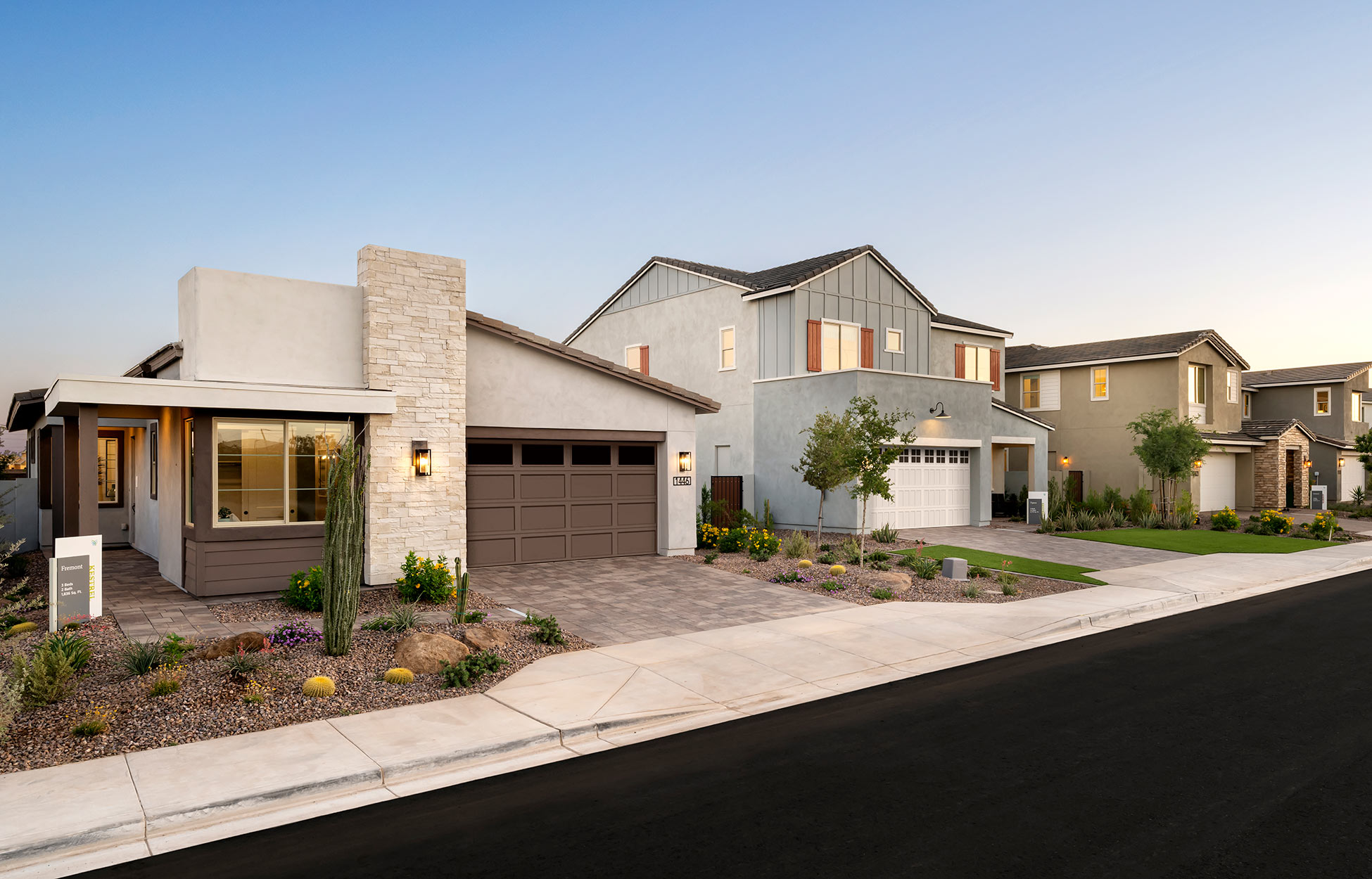 Street of newly built homes in a Greater Phoenix master-planned community
