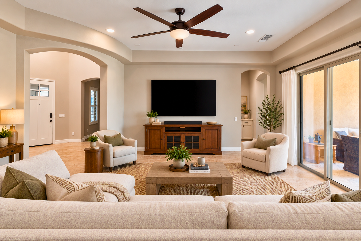 Open great room with tray ceiling and recessed lighting in a single-level Maracay Traveler, Victory at Verrado