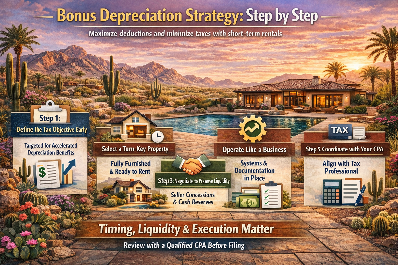 Bonus depreciation strategy step by step infographic for short-term rental investors in Phoenix and Scottsdale, Arizona, outlining tax planning, turnkey STR acquisition, liquidity preservation, business operations, and CPA coordination to maximize accelerated depreciation and reduce taxable income.