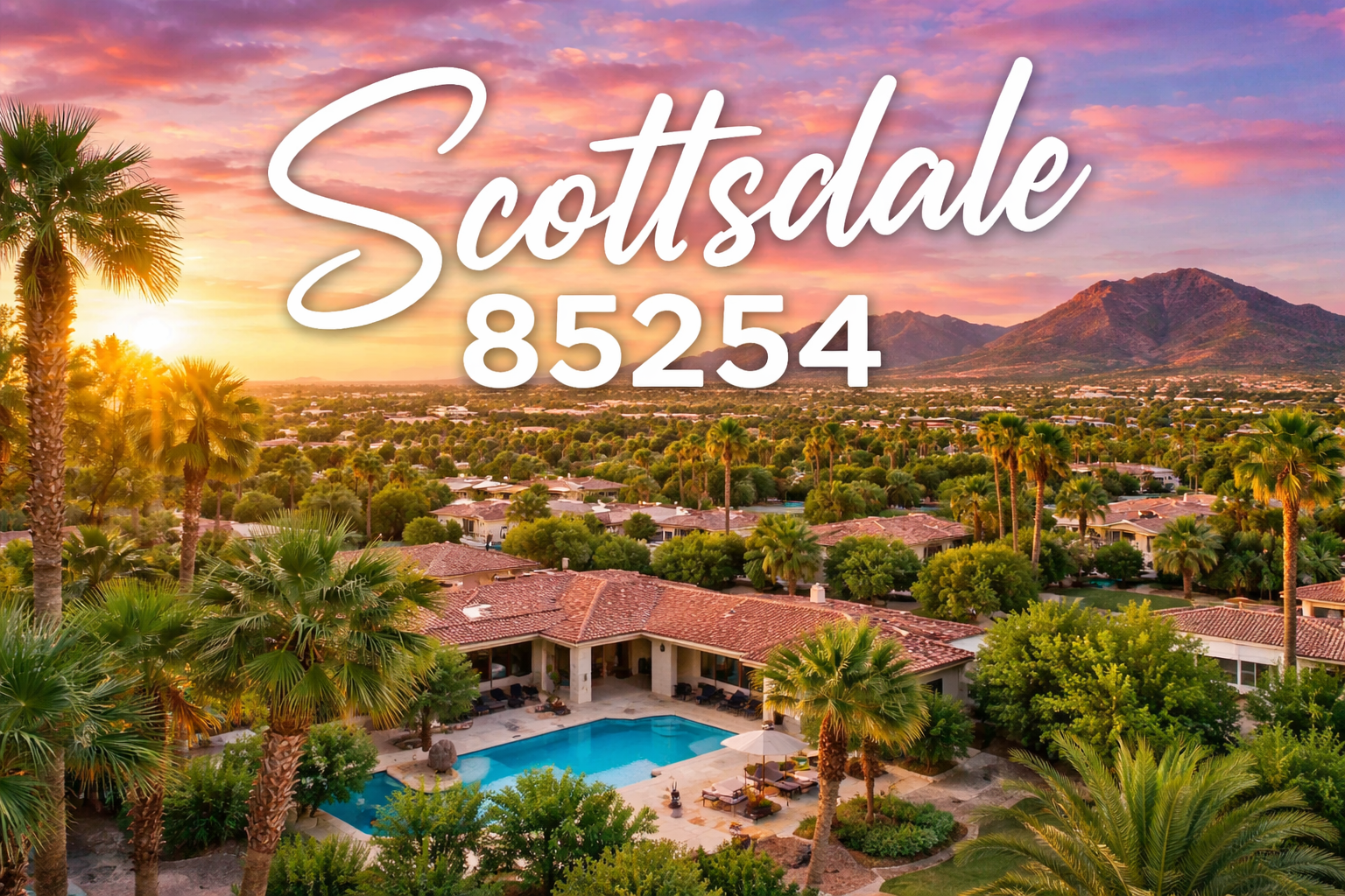 Aerial view of Scottsdale 85254 showing resort-style homes, palm trees, and mountain views, highlighting the Magic Zip Code and its appeal for short-term rental and Airbnb investments