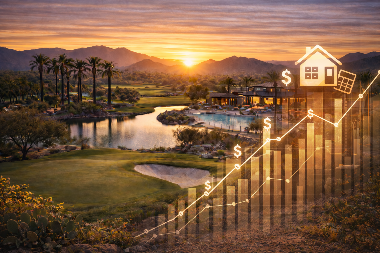 Arizona retirement lifestyle featuring a luxury golf community at sunset, highlighting housing value, financial growth, and long-term cost advantages for retirees and those relocating to Arizona.