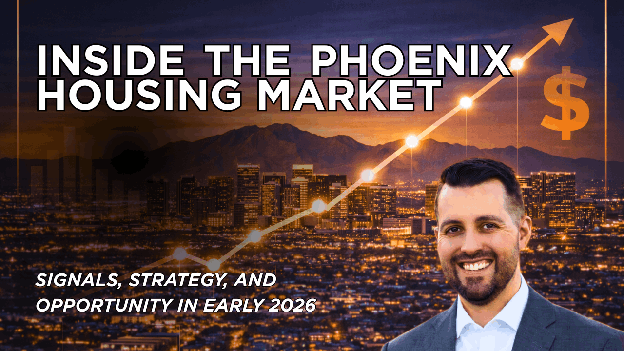 Phoenix housing market update cover image showing the Phoenix skyline at sunset with a rising market trend line, mountains in the background, and real estate advisor Eric Ravenscroft in the foreground, representing early 2026 housing market signals, strategy, and opportunity in Greater Phoenix.