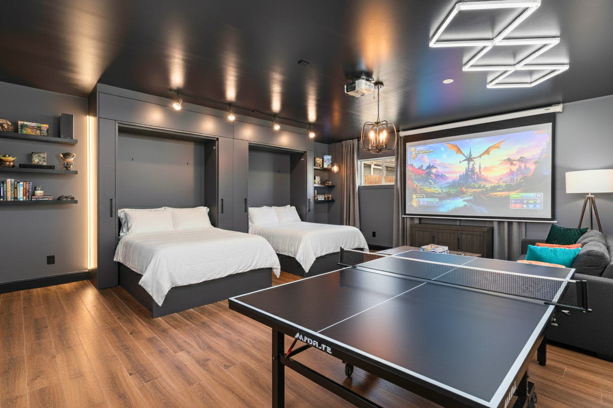 Converted garage space in a turnkey Old Town Scottsdale short-term rental featuring dual beds, game room with ping pong table, and large projector screen, showcasing flexible layout options that increase guest capacity and vacation rental income.