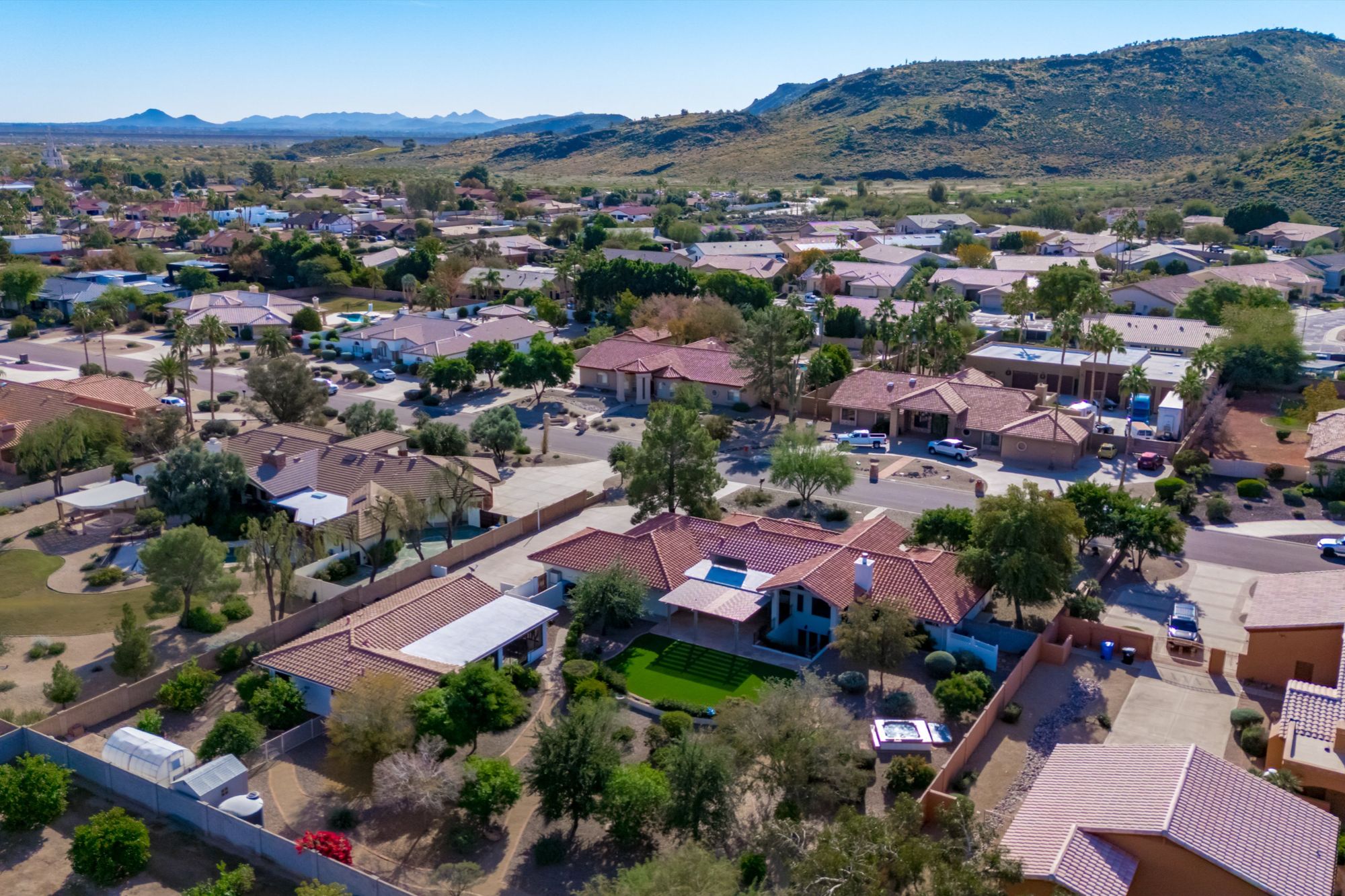 Aerial view of Saddleback Foothills neighborhood in Glendale AZ showing foothill desert landscape, acre-lot homes, and proximity to North Phoenix and TSMC corridor