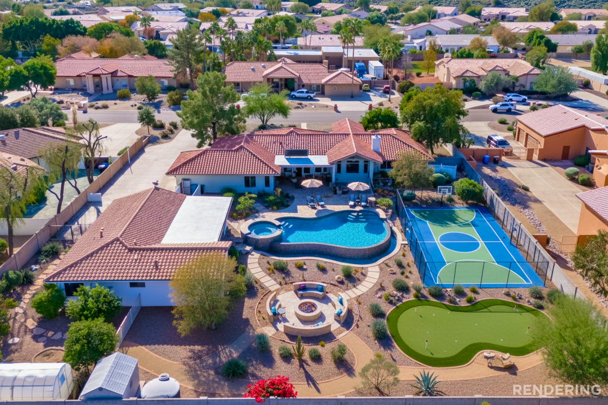 Aerial rendering of large-lot home in Saddleback Foothills Glendale AZ illustrating potential backyard amenities including pool, sport court, pickleball court, putting green, and outdoor entertainment spaces