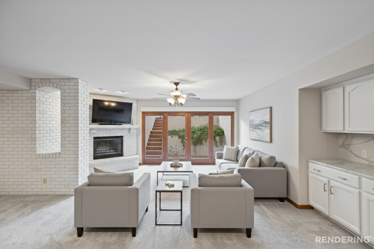 Finished basement living area in Saddleback Foothills Glendale AZ featuring open layout, fireplace, seating area, and private access ideal for multigenerational living or short-term rental use