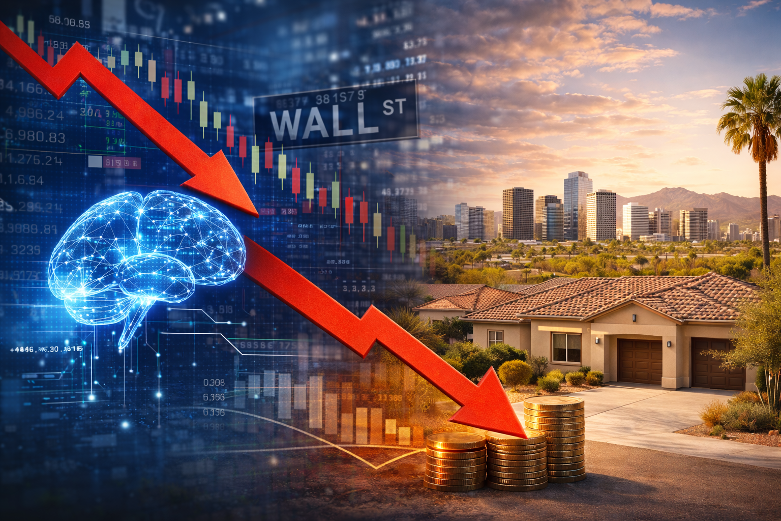 AI stock market bubble 2026 concept showing Wall Street decline with red downward arrow over digital brain graphic alongside Phoenix Arizona home and skyline representing real estate hedge against market volatility