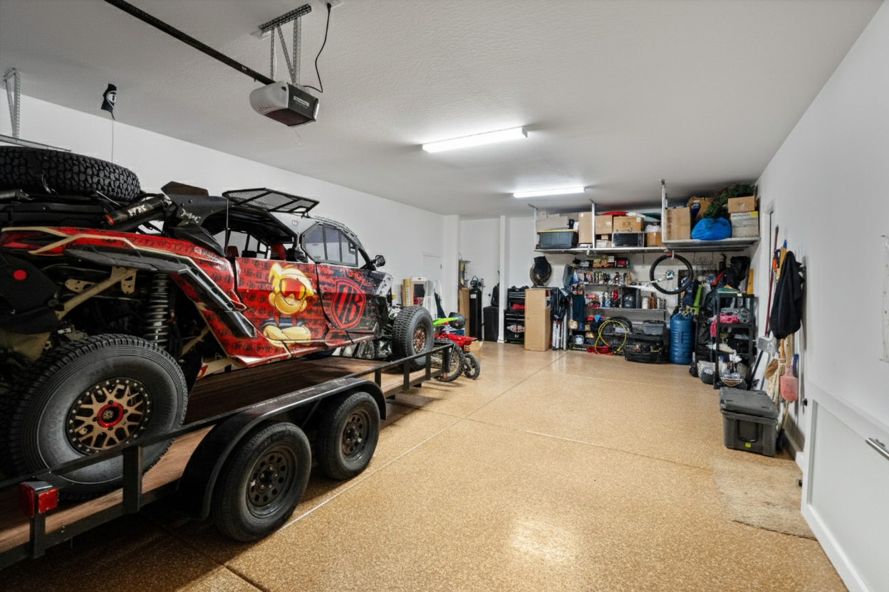 rare 4 car garage in Avondale AZ home with epoxy floors, extended height ceilings and large storage space ideal for trucks, toys and workshop use