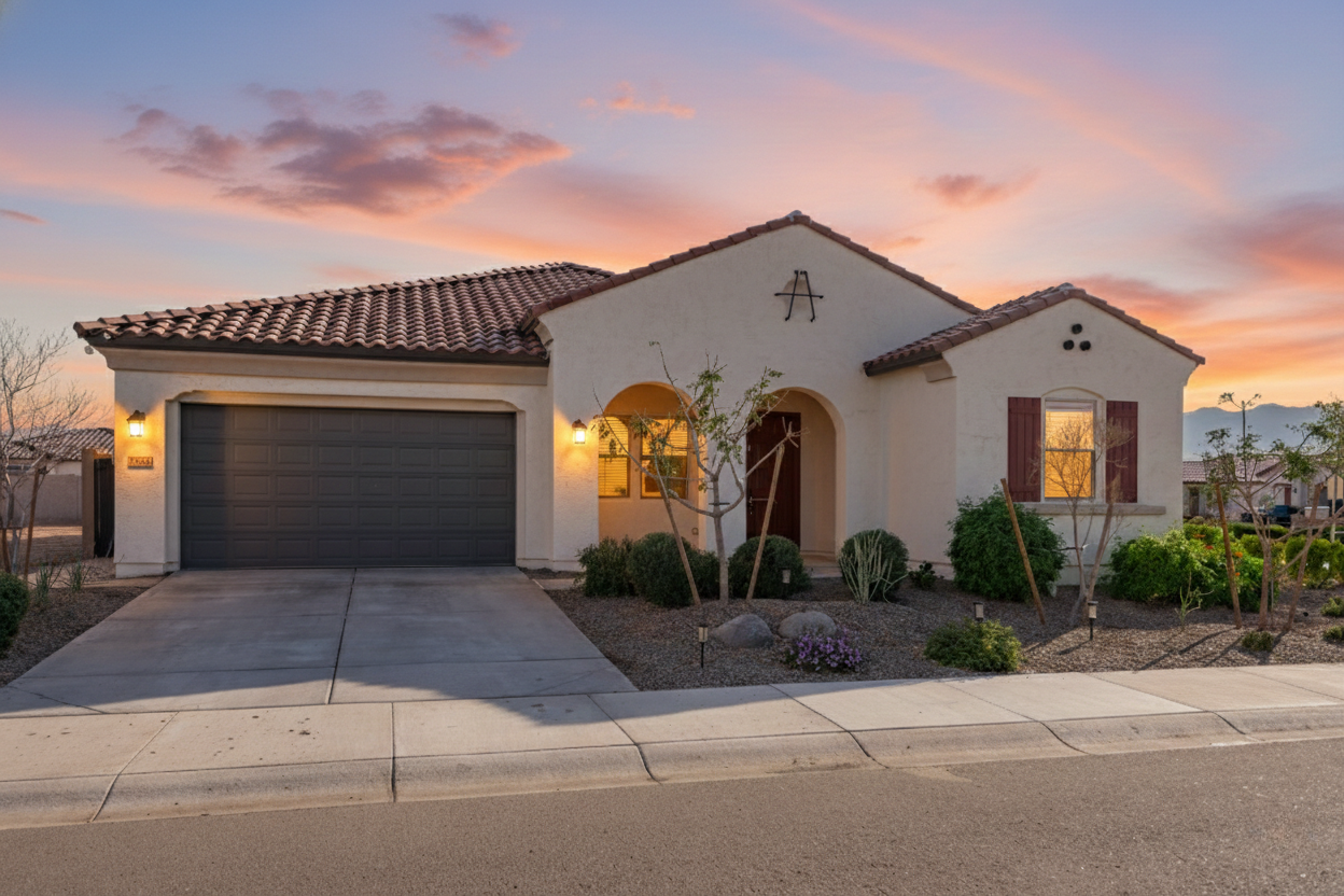 4-car garage home in Alamar Avondale AZ with owned solar and large lot, upgraded energy-efficient home at 12393 W Trumbull Rd featuring desert landscaping and modern exterior at sunset