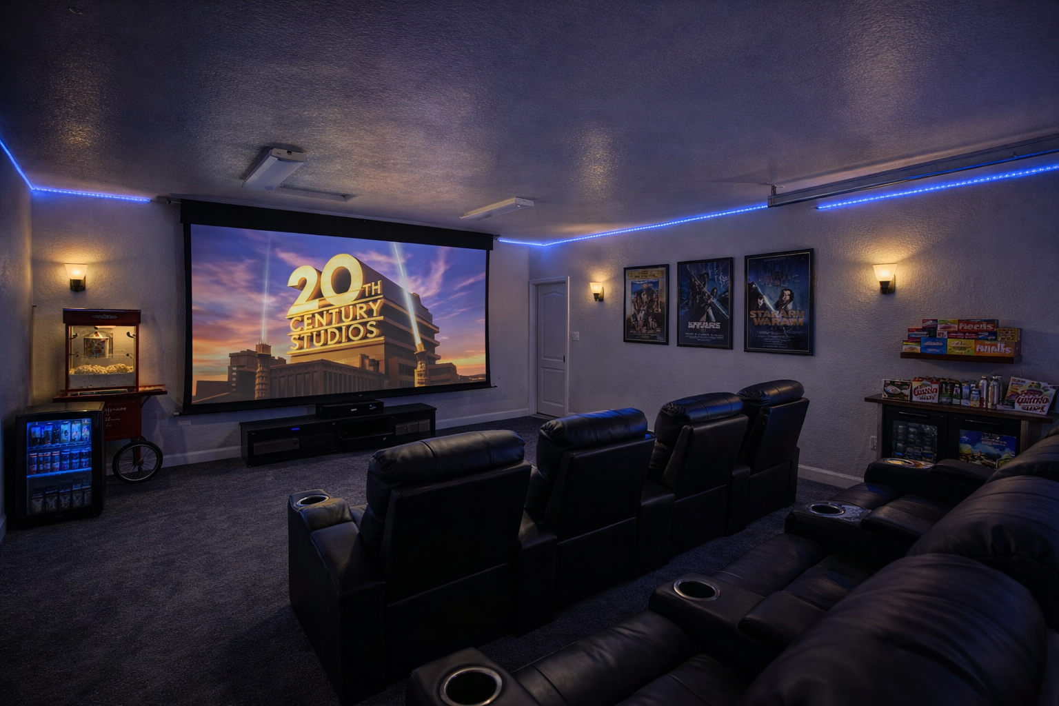 Luxury Scottsdale home theater with large projection screen, reclining seating, and ambient lighting, designed to create a memorable guest experience and increase short-term rental bookings near Old Town Scottsdale
