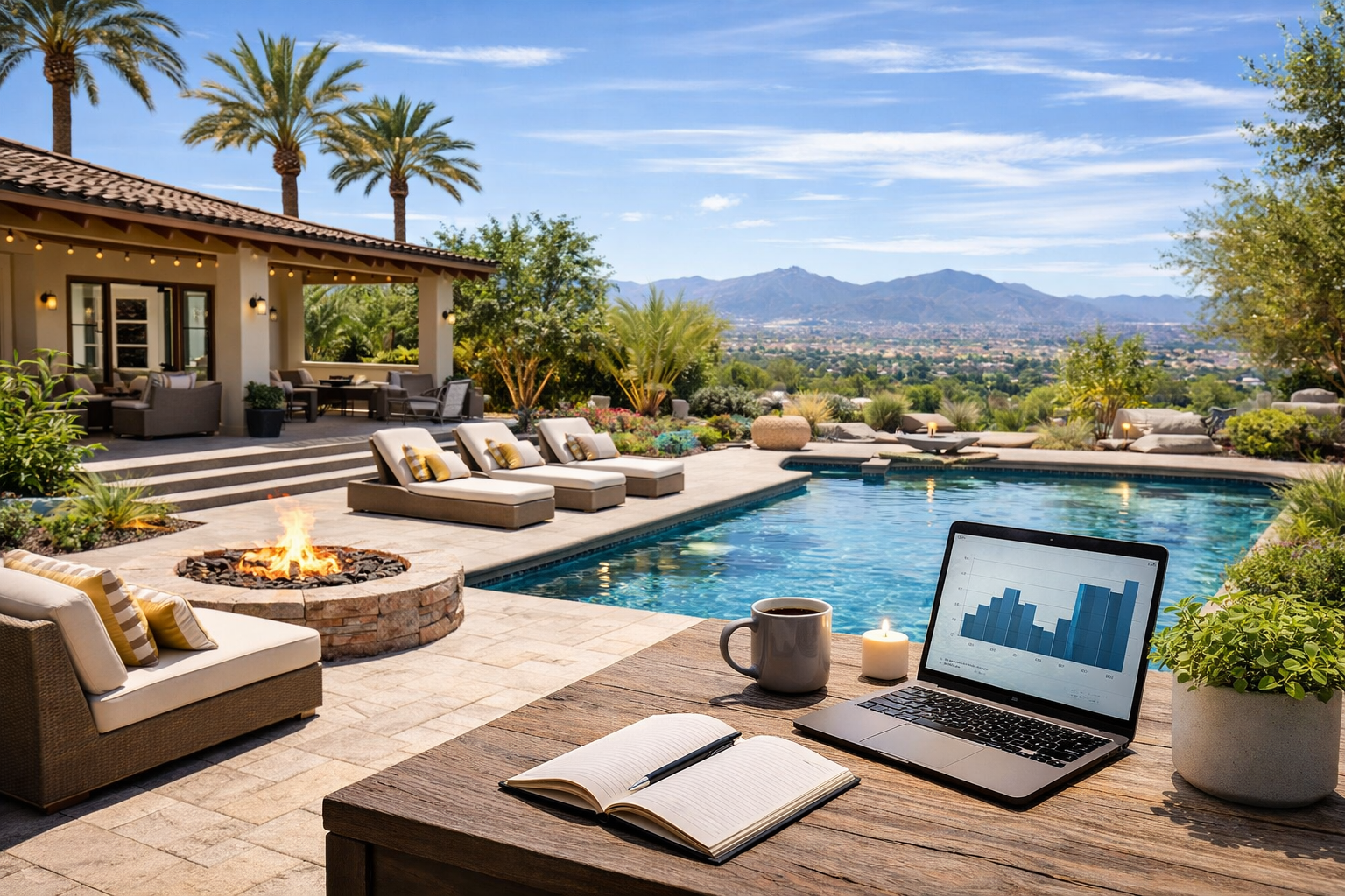 Luxury Scottsdale backyard with pool, fire pit, and outdoor workspace overlooking Phoenix mountains, representing short-term vs mid-term rental investment strategies in the Phoenix real estate market