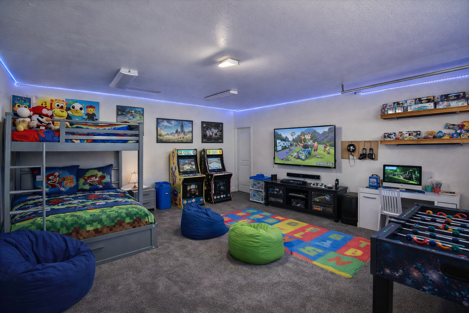 Scottsdale home bonus room with bunk beds, arcade games, foosball table, and entertainment space, ideal for short-term rental, family use, or conversion flexibility supporting multiple real estate exit strategies near Old Town Scottsdale