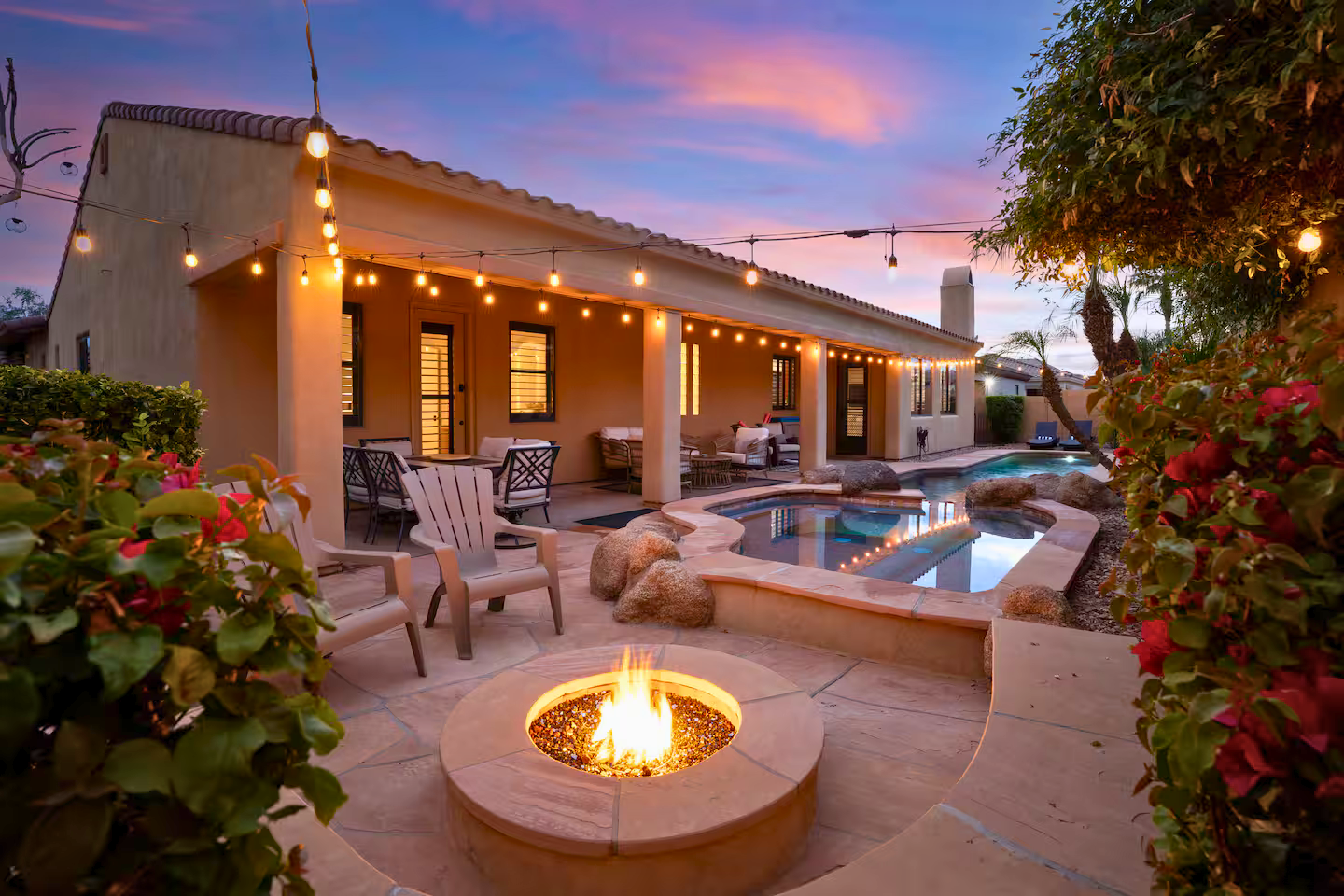 Scottsdale Arizona backyard with pool, spa, and fire pit designed for short-term rental income, showcasing real investment property example with strong Airbnb revenue potential in the Phoenix market